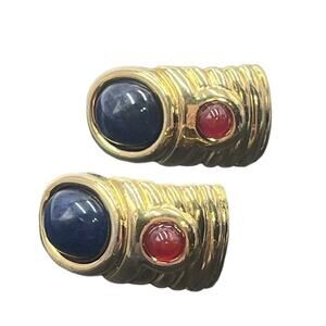 Vintage Signed Francesca
Romano Blue Sodalite Etruscan Clip On Earrings